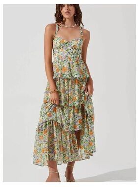 ASTR the Label- Floral Tiered Maxi Dress in Green and Orange - Women